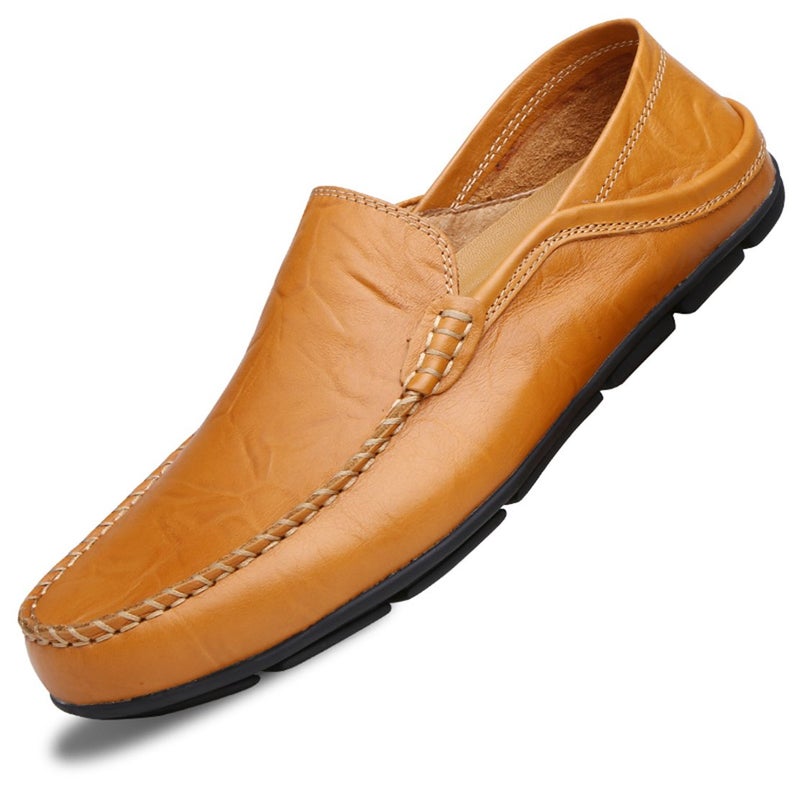 Go Tour Men's Premium Genuine Leather Casual Slip On Loafers Breathable Driving Shoes Fashion Slipper Yellow 10.5/46 - Image 1